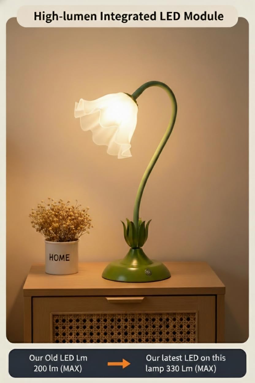 Cordless Flower Table Lamp Green, Valentine‘s Gift, 5200-mAh Rechargeable Touch Lamp, 3-Way Dimmable, Build-in Integrated LED 320 Lumen Max, for Nightstand Bedroom Living Room