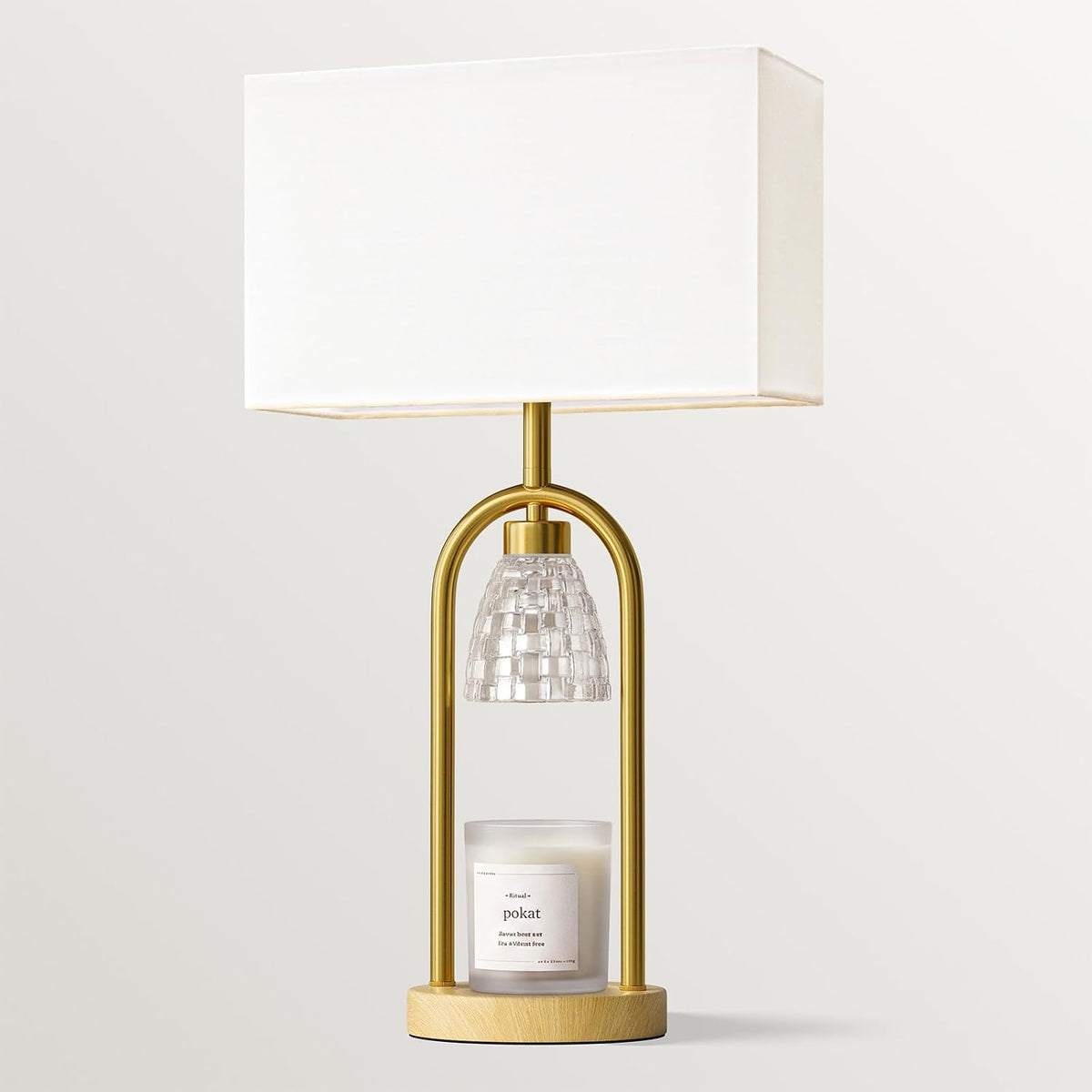 PoKat 22'' Table Lamp with Candle Warmer for Bedroom, Farmhouse Wood & Gold