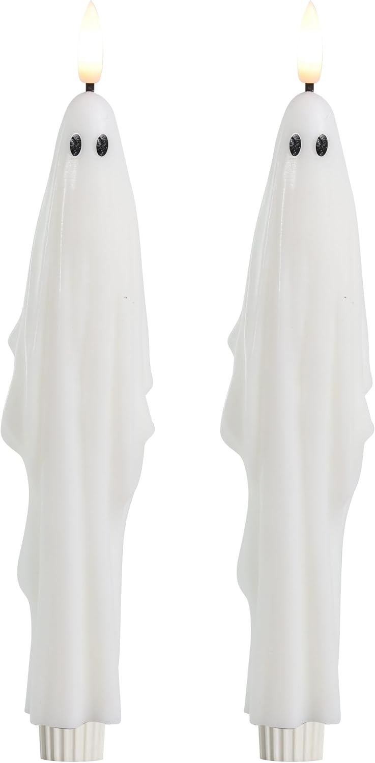 LumiPur Signature Collection Natural Glow Flickering Flameless LED Wax Taper Candle 1" x 9" (Ghosts - White, 2-Pack)