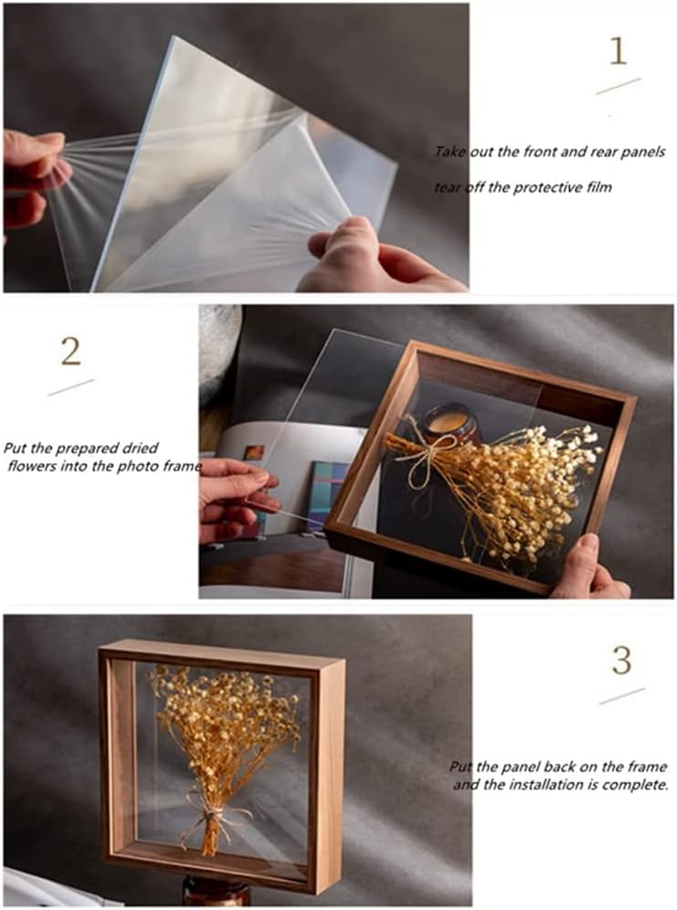 Wooden Dried Flower Photo Frame Dried Flower Display Stand Decorative Floating Photo Frame,Double Sided Plexiglass Shadow Box Picture Frame,for Display Dried Flowers,Handicrafts (Walnut color-8x12)