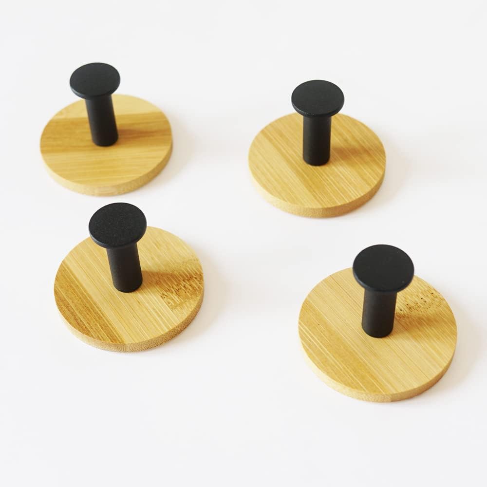 4Pack Decoration Wood Wall Hook Coat Hooks for Hanging Adhesive Waterproof Wall Hook Clothes Bag Key Hanger Hook Bedroom Kitchen Bathroom Door Robe Towel Hooks- Black