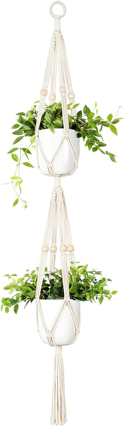 Mkono Macrame Plant Hanger 2 Tier 49" Hanging Plant Holder Indoor Outdoor
