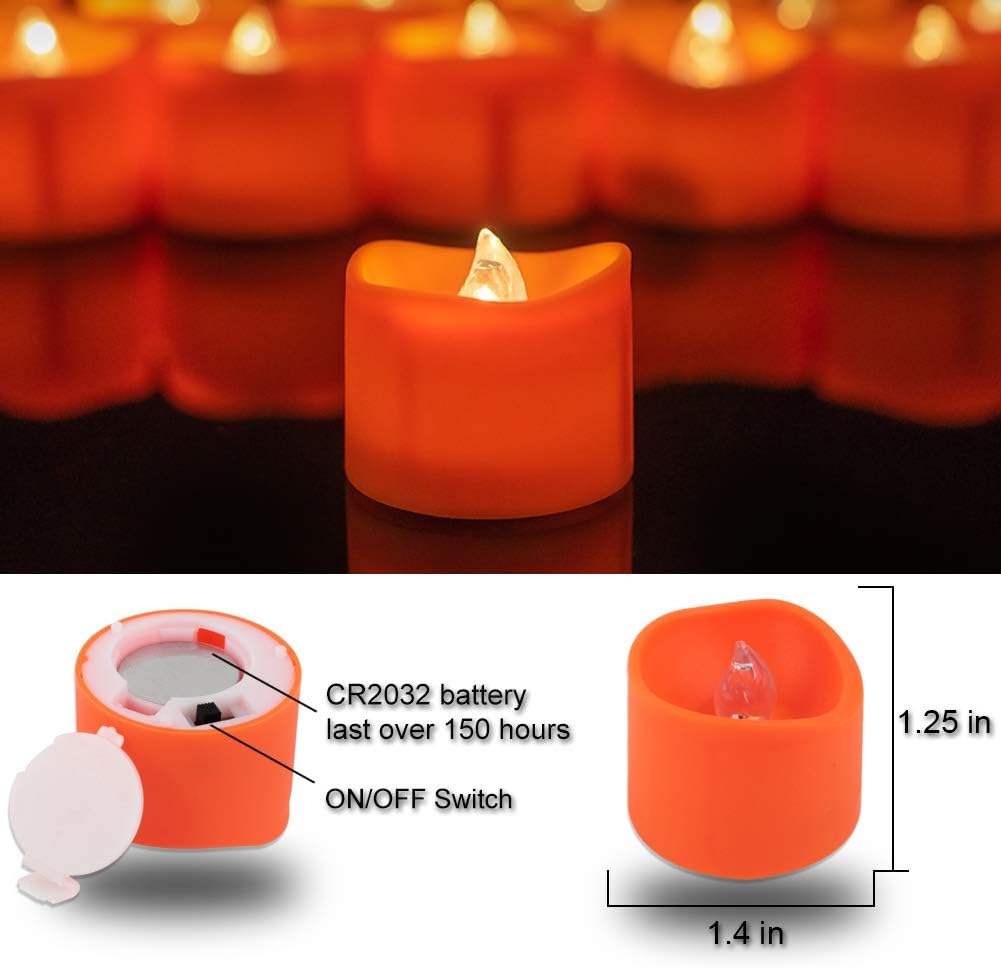 BEICHI 24 Pack Halloween Tea Lights, Realistic Orange Tea Candles, Battery Operated Flameless Tealights for Halloween, Fall Decorations
