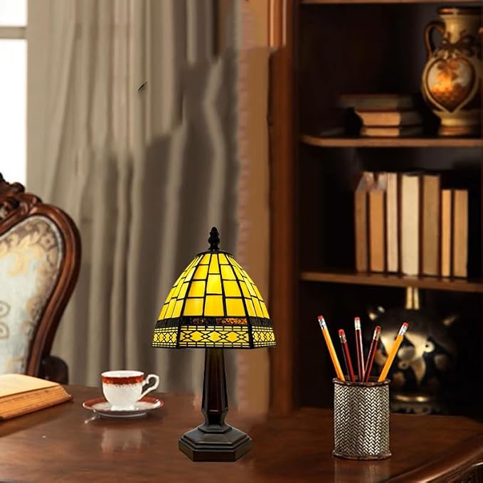 Tiffany Small Table Lamp for Living Room,3 Color Temperature Gold Stained Glass Table Lamps for Dining Room,6X6X13Inch Bedroom Bedside Nightstand Night Light for Bedroom W/LED Bulb