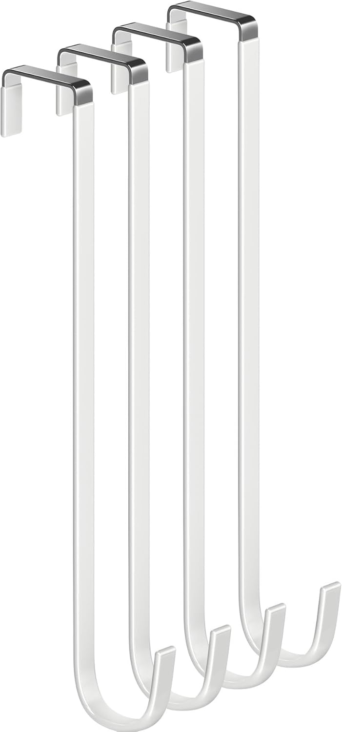 Single Long Over Door Steel Hooks 4 Pack Fit 1-3/8" Door 12" White