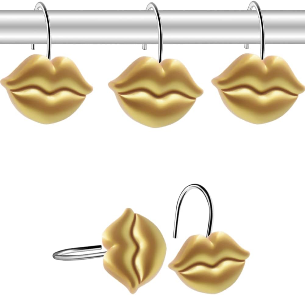 Gold Shower Curtain Hooks Rings, Gold Lips, Set of 12