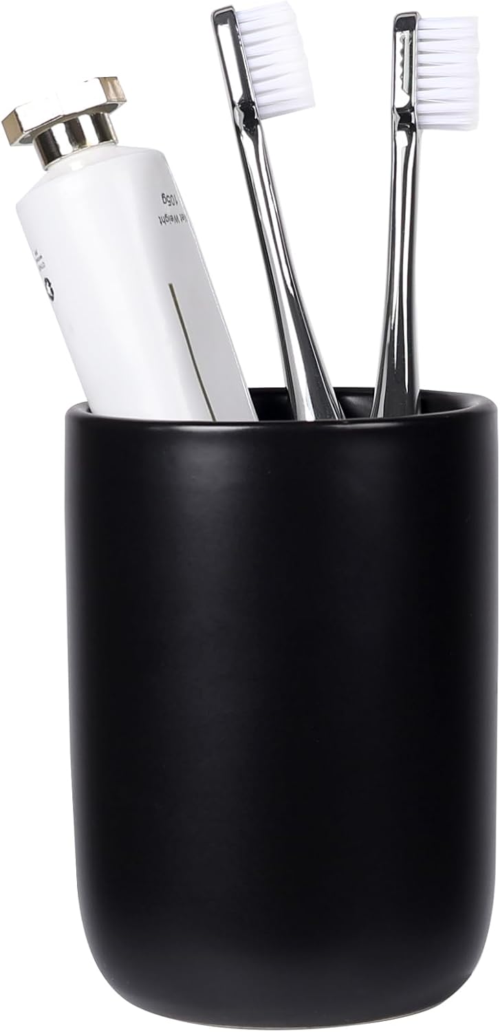 BosilunLife Ceramic Toothbrush Holder (Black, Cylinder)