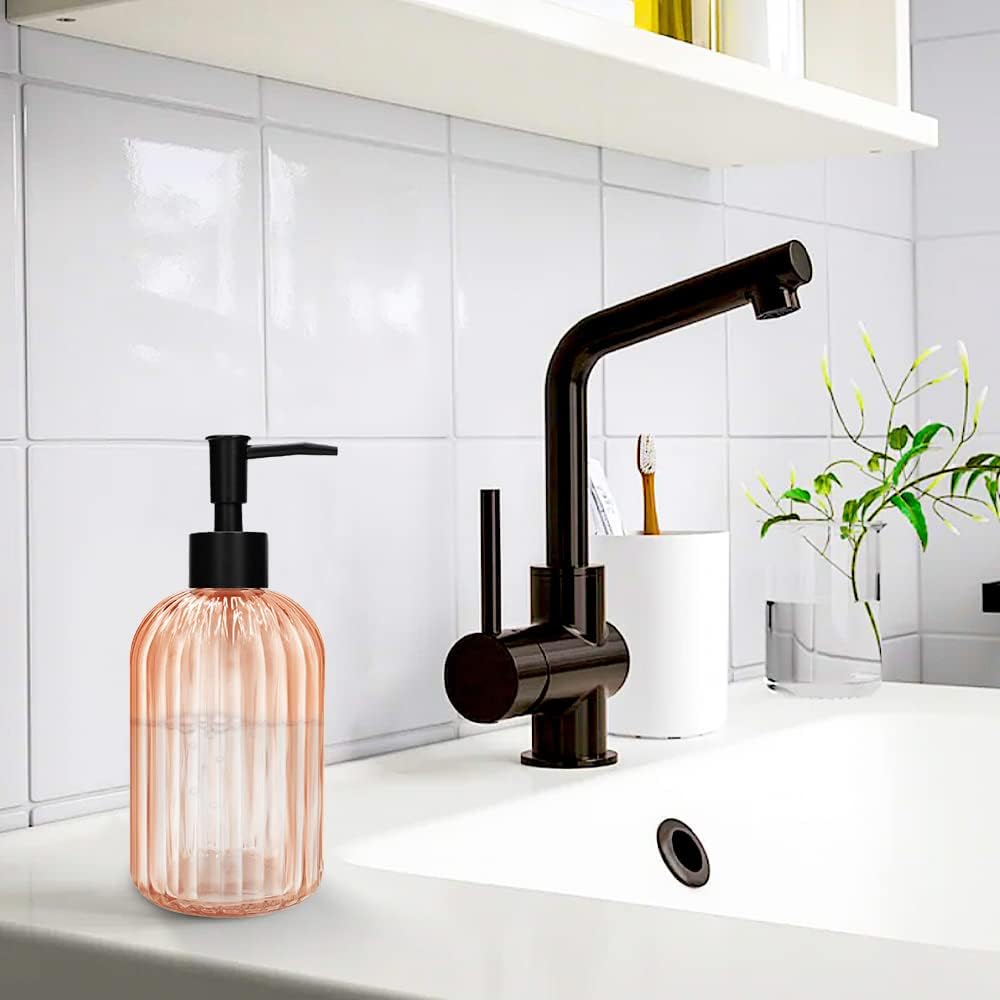 Pack of 2 Glass Soap Dispenser with Black Pump, 400 ml Refillable Pump Dispenser for Kitchen, Bathroom, Laundry Room, Liquid Glass Bottle for Washing Up Liquid, Shampoo, Conditioner (Orange)