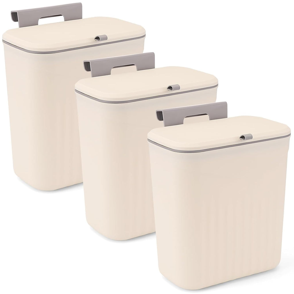 3 Pack Hanging Trash Can with Lid, Kitchen Compost Bin for Counter Top or Under Sink, Plastic Waste Basket Wall Mounted Garbage Can for Cupboard/Bathroom/Bedroom/Office/Camping (Cream)