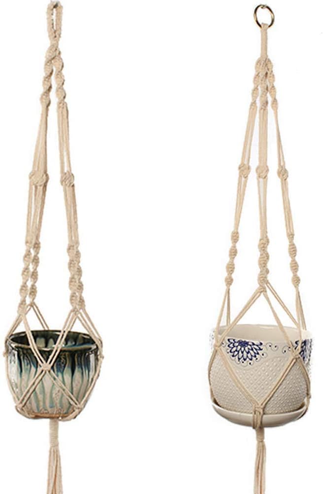 Set of 2 Macrame Plant Hanger with Metal Ring Wall Hanging Planter Basket for Indoor Outdoor Flower Pot Plant Holder Wall Art Vintage-Inspired Home Decor, Cotton Rope, 4 Legs 41 inch (Model 01& 02)