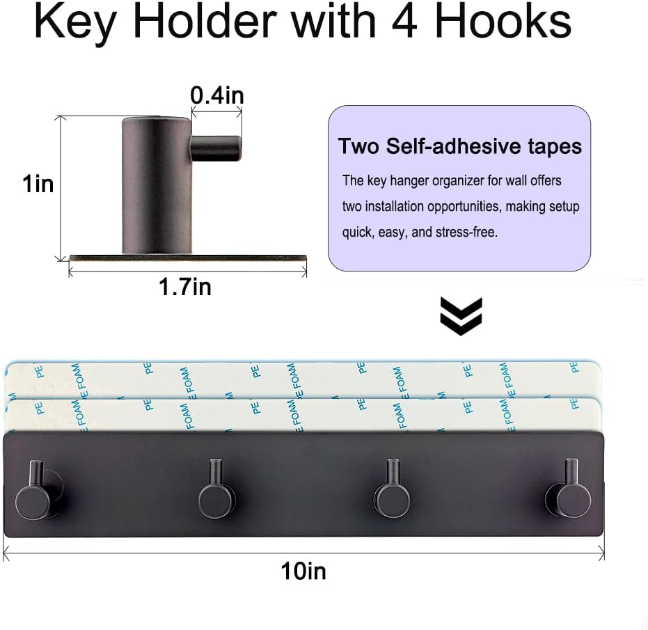 StrugDeas Key Holder for Wall with 2 Self-Adhesive Tapes, Black