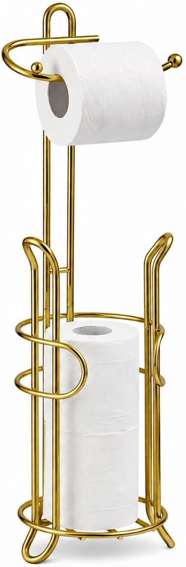 SunnyPoint Bathroom Toilet Tissue Paper Roll Storage Holder Stand with Reserve, The Reserve Area Has Enough Space to Store Mega Rolls (Gold)