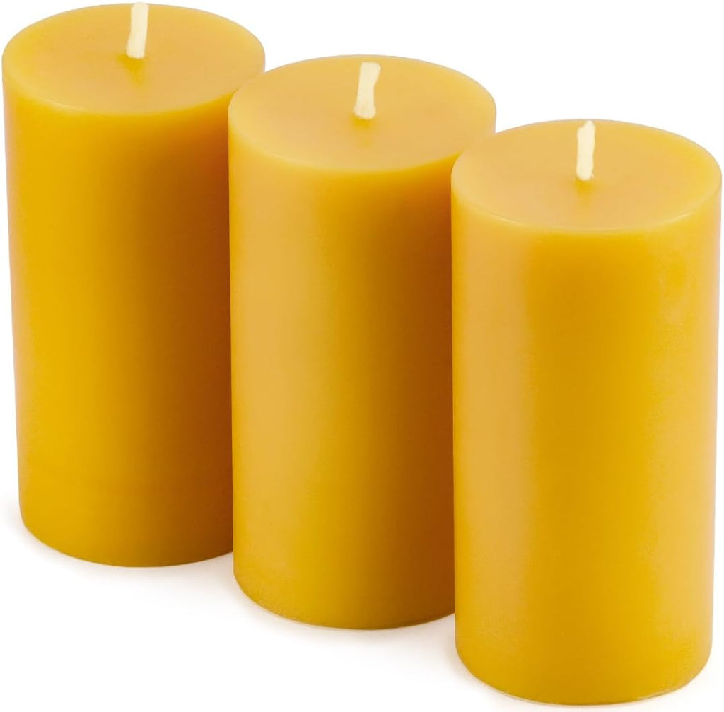 3 Pack 2 inch Thick Natural Beeswax Pillar Candle 4 inch Tall, Yellow