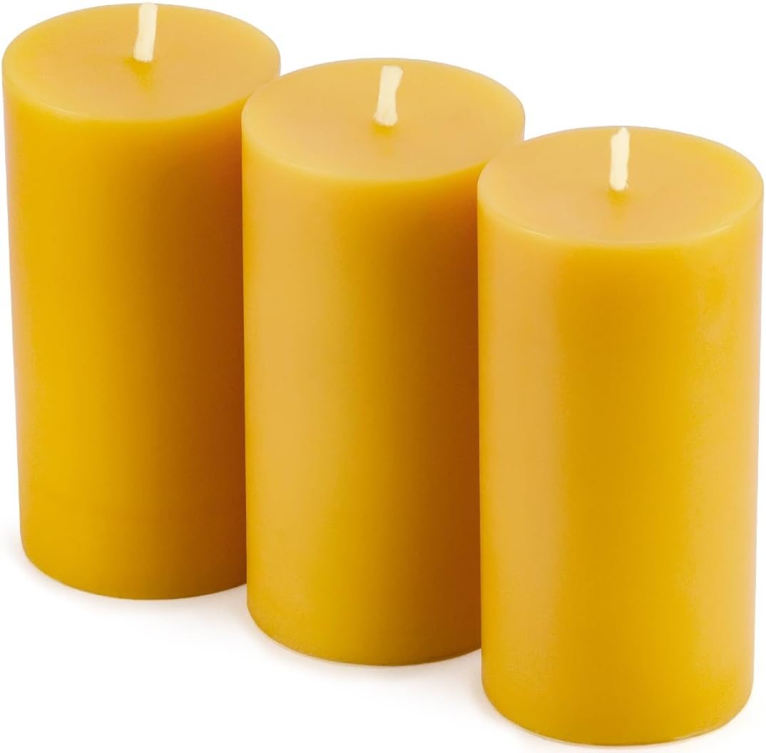 3 Pack 2 inch Thick Natural Beeswax Pillar Candle 4 inch Tall, Yellow