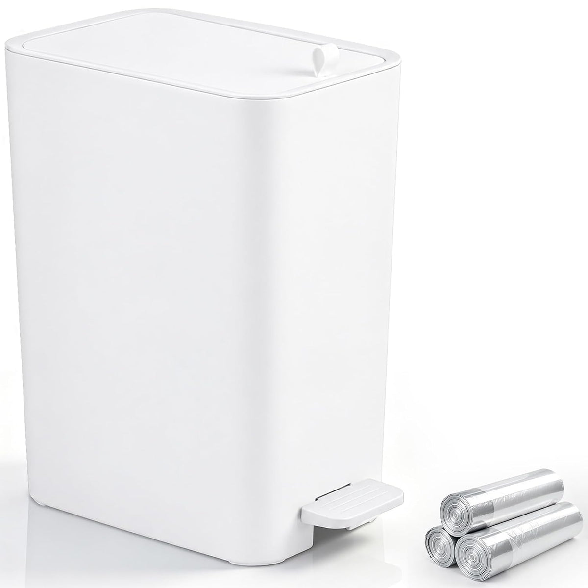 Small Bathroom Trash Can with Lid, Slim Garbage Can, 3.2 Gallon, White