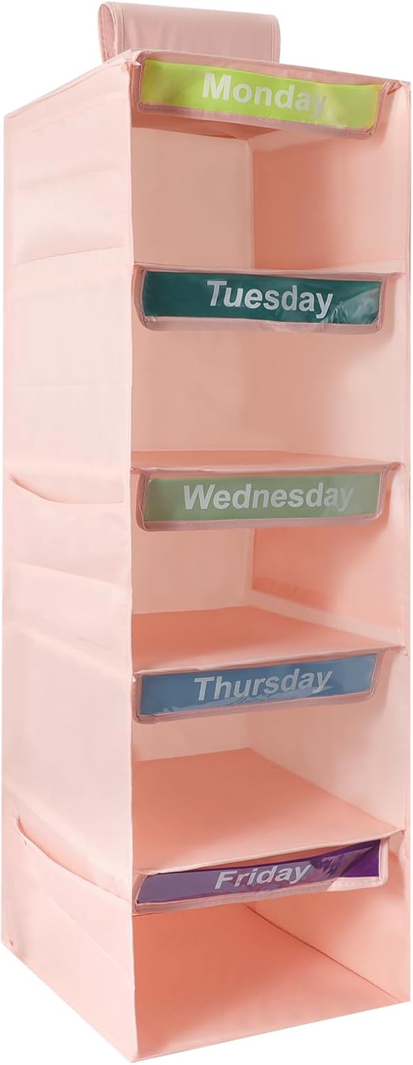 5 Shelf Days of The Week Clothes Organizer for Kids Weekly Outfits(Pink)