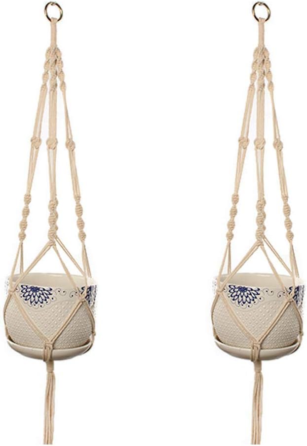 Set of 2 Macrame Plant Hanger with Metal Ring Wall Hanging Planter Basket for Indoor Outdoor Flower Pot Plant Holder Wall Art Vintage-Inspired Home Decor, Cotton Rope, 4 Legs 41 inch (Model 02)