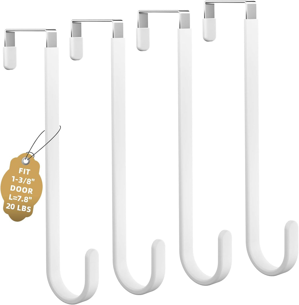 Over the Door Hooks, 4 Pack Heavy Door Hanger Hooks with Non-Slip Rubber, Over Door Hanger for Towels, Coats, Bags, Space Saving Door Coat Hanger for Living Room,Bathroom, Bedroom (White, Long)