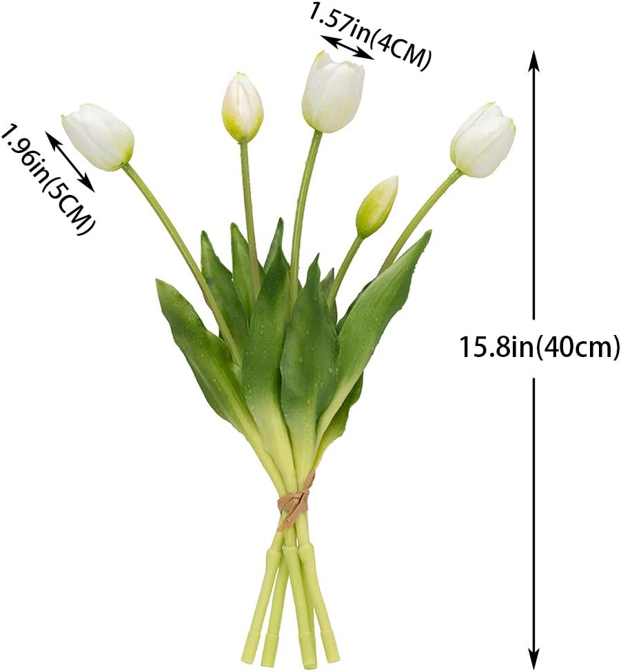 DUYONE 40Pcs Artificial Tulips Flowers, Soft Touch Realistic Latex Tulips Bouquet for Home Office Wedding Party Garden Decor, Fake Flowers for Centerpieces Dining Table Living Room Spring(White Set)