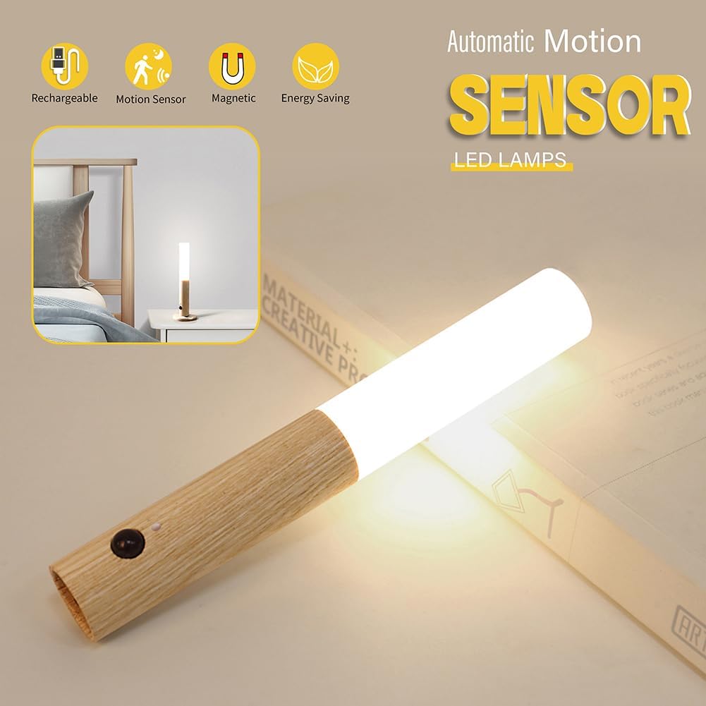 LANDGOO Wooden Motion Sensor Night Light 2-Pack, Ash Wood, Rechargeable