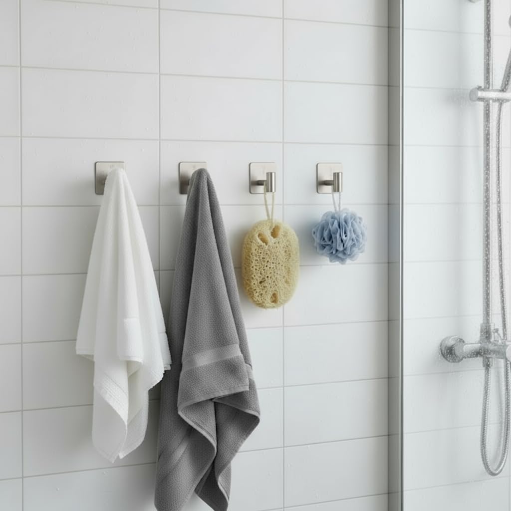 Rise age Adhesive Hooks, Adhesive Towel Hooks for Shower Wall Silver 4 Pcs