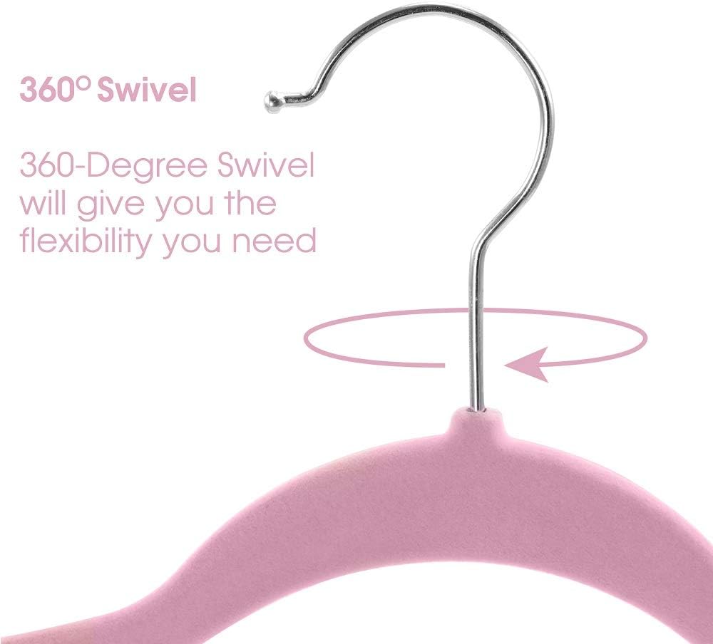 Elama 100 Piece Set of Velvet Slim Profile Heavy Duty Felt Hangers with Stainless Steel Swivel Hooks in Pink