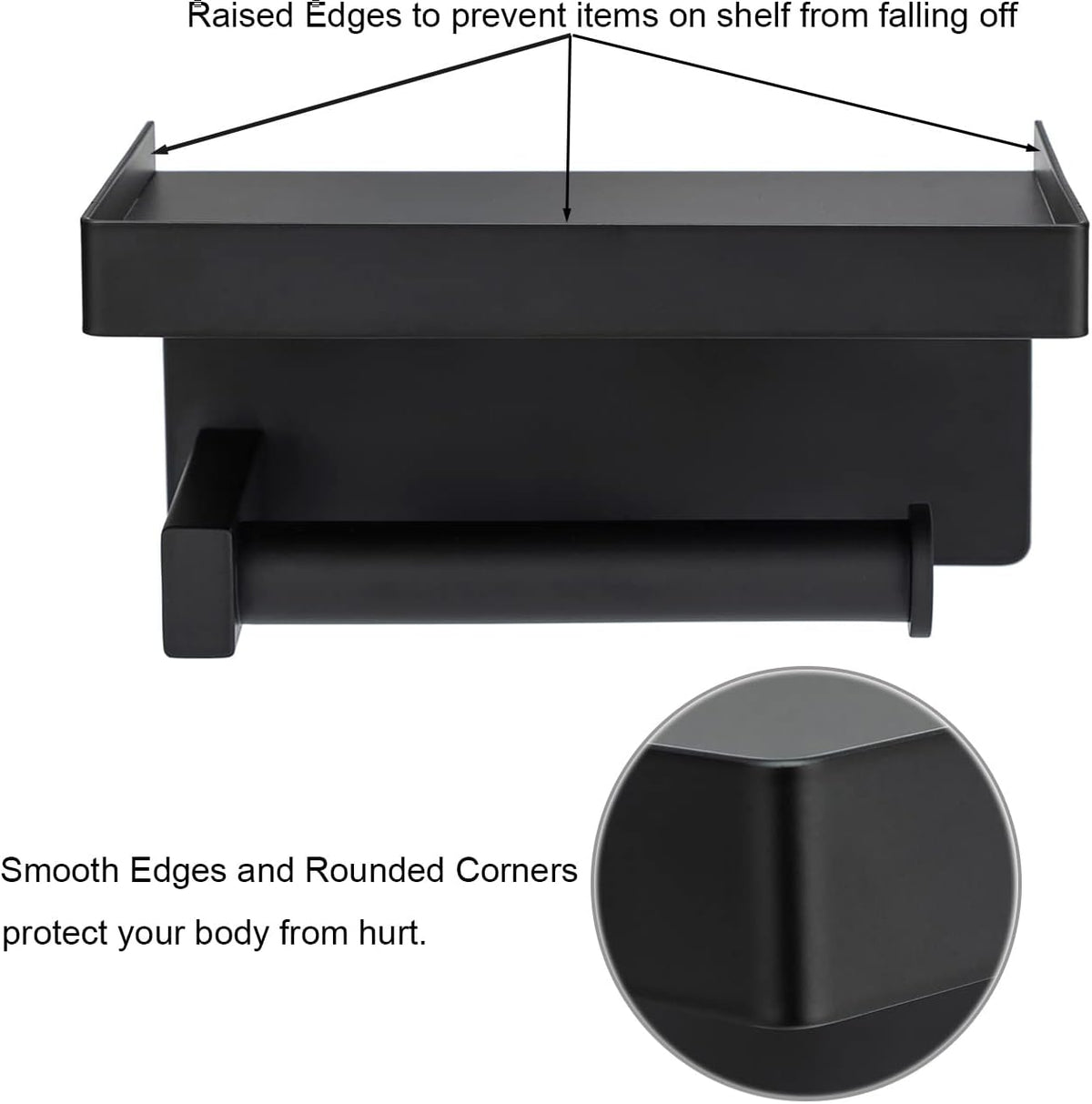Toilet Paper Holder Tissue Roll Hanger with Shelf SUS304 Stainless Steel Matte Black Bathroom Lavatory Hardware Wall Mount Adhesive