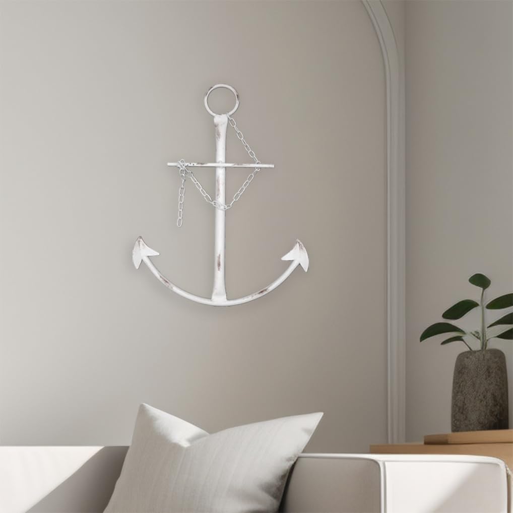 Fleecy day Nautical Anchor Wall Decor, Antique Metal Anchor Art Wall Decor With Chain,Vintage decorations for Bedroom,Living Room,Dorm Home,13in Antique Farmhouse Decor (Vintage White)