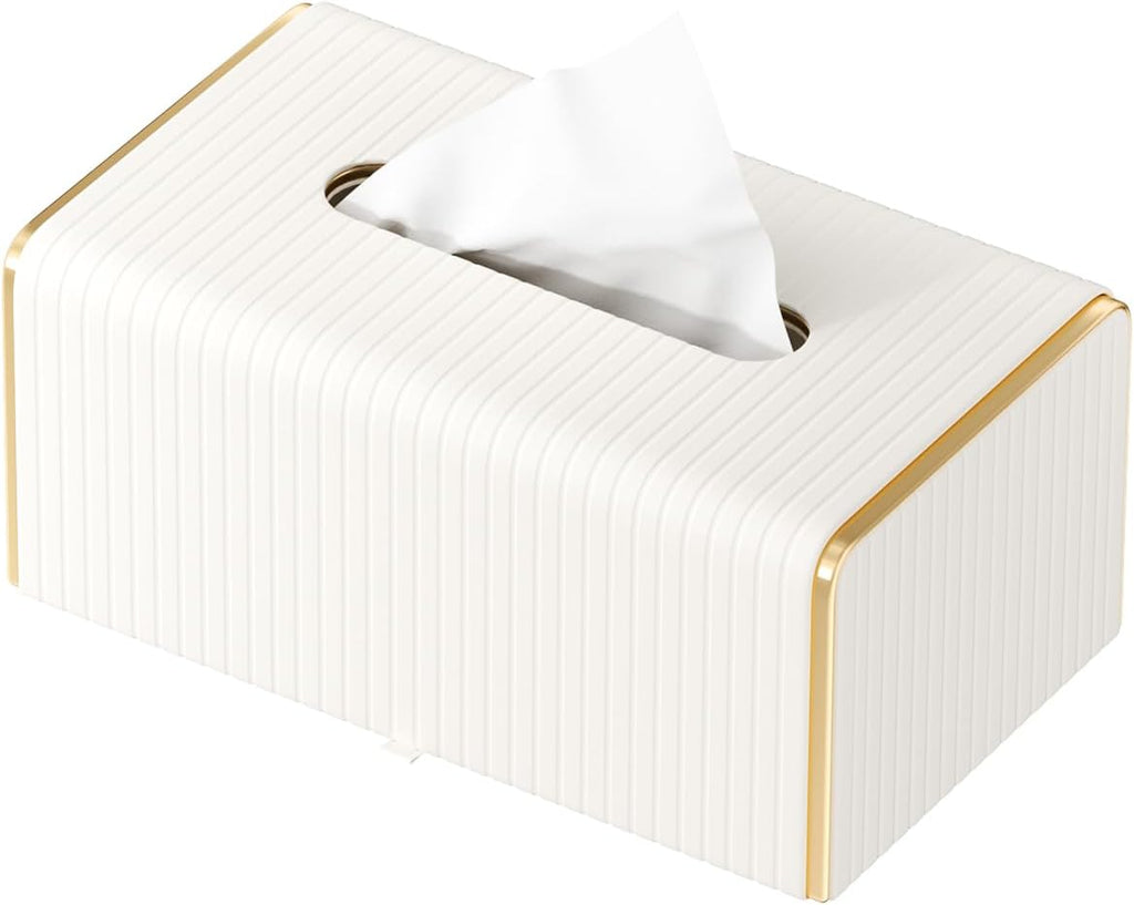 PU Leather Rectangle Tissue Box Cover, White, Long Tissue Box Holder