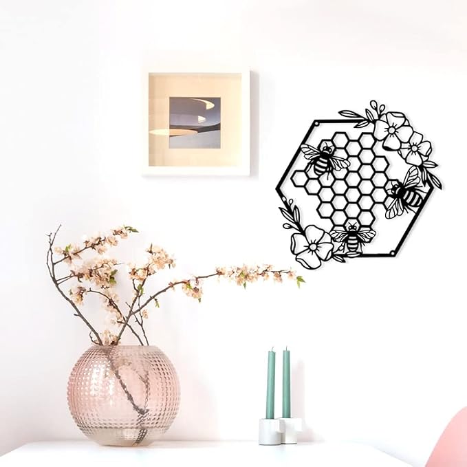 Yuzhuo Metal Bee Wall Art - Farmhouse Honey Bees and Hives with Flowers - Black