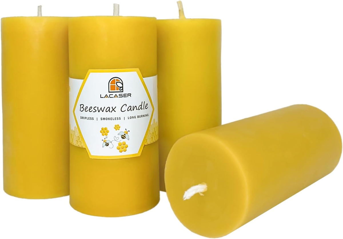 4 Pack Beeswax Pillar Candles Bulk, 100% Pure Beeswax Candles, 2X4 inch Bees Wax Candle for Home,Burning Time 160 Hours Total, Unscented & Dripless, Natural Yellow by Lacaser