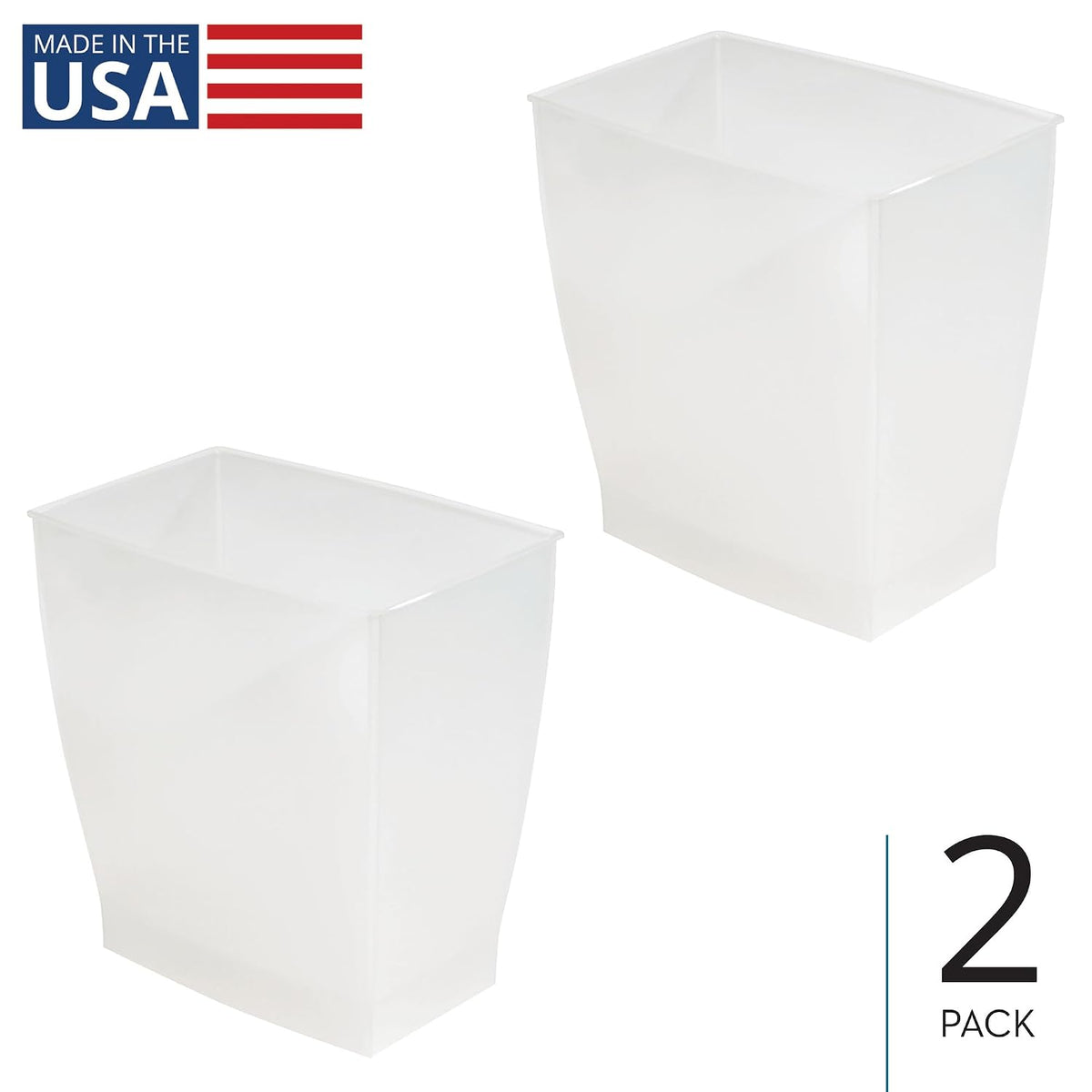 iDesign Small Plastic Bathroom Trash Can, Slim Rectangle, 2-Pack, Frost