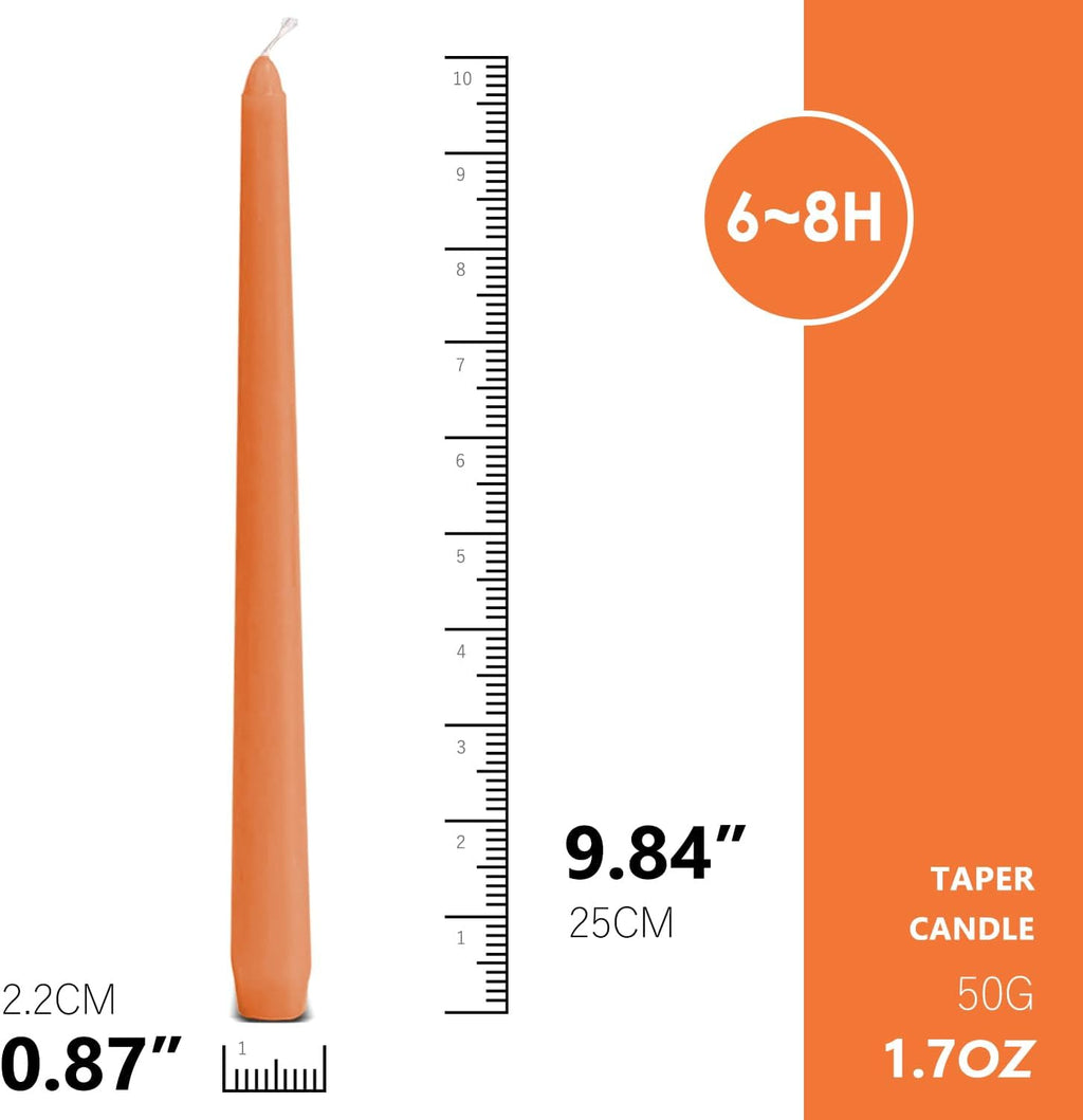 12 Pack Orange Taper Candles, 10 inch Unscented Dripless Candlesticks - 8 Hours Long Burning for Dinner, Wedding, Party, Halloween