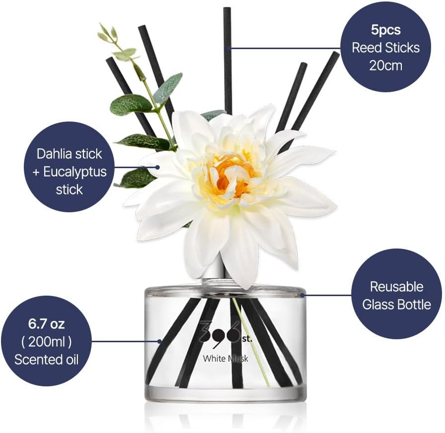 396 st. Dahlia Flower Reed Diffuser, White Musk, 6.7oz(200ml) / Reed Diffuser Sets, Home Fragrance, Scented Oils, Home & Bathroom Décor
