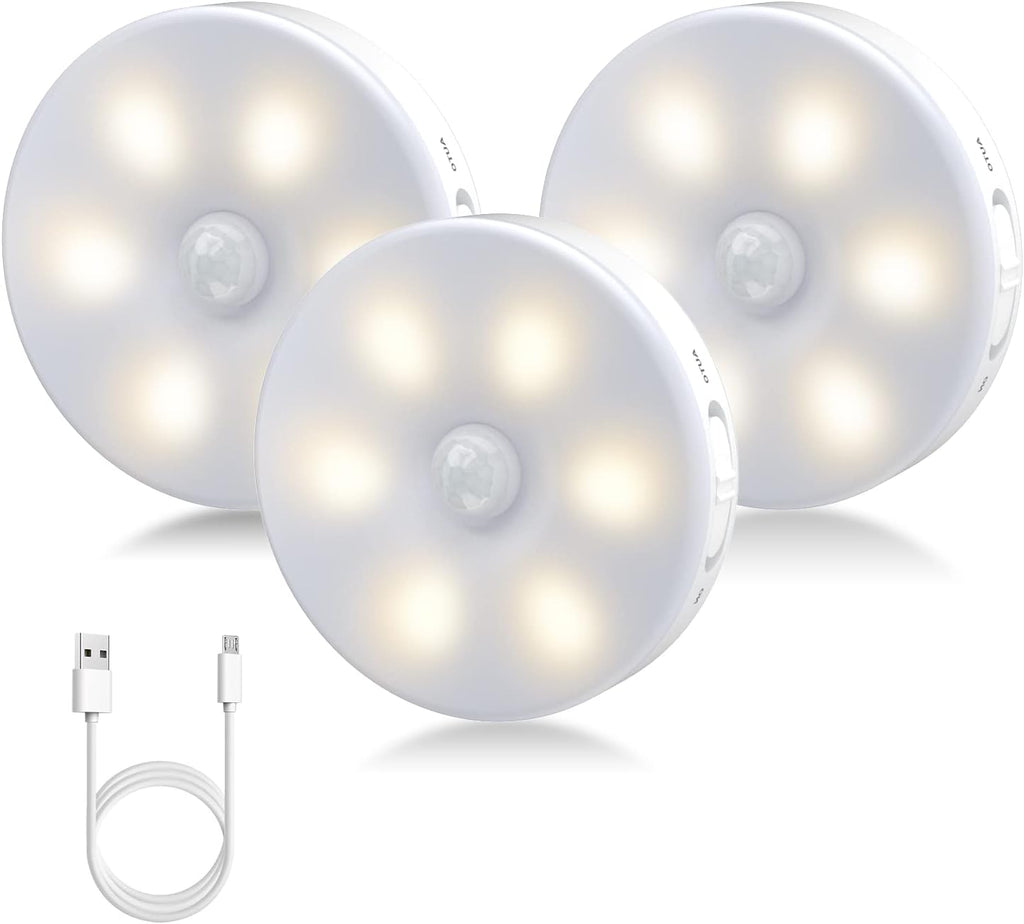 Motion Sensor Night Light Indoor, Rechargeable Small Led Closet Light, Wireless Activated Sensored Smart Cabinet Lights for Under Cabinet, Hallway, Stairway, Kitchen(Warm White, 3Pack)