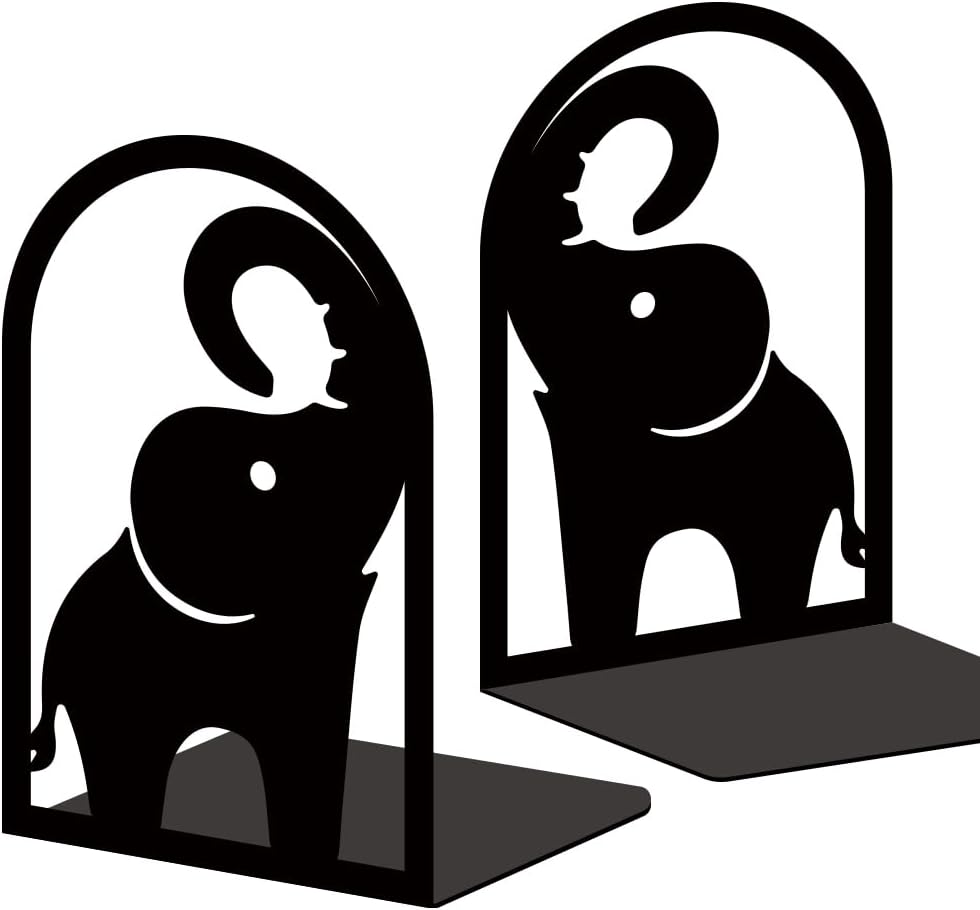 INFUNLY 1 Pair Metal Book Ends for Shelves Elephant Trunk Black Bookshelf Holder Stand Black Book Stopper Support for Desktop 7.1x4.7x3.5 for Home Office Library School Kitchen Decor