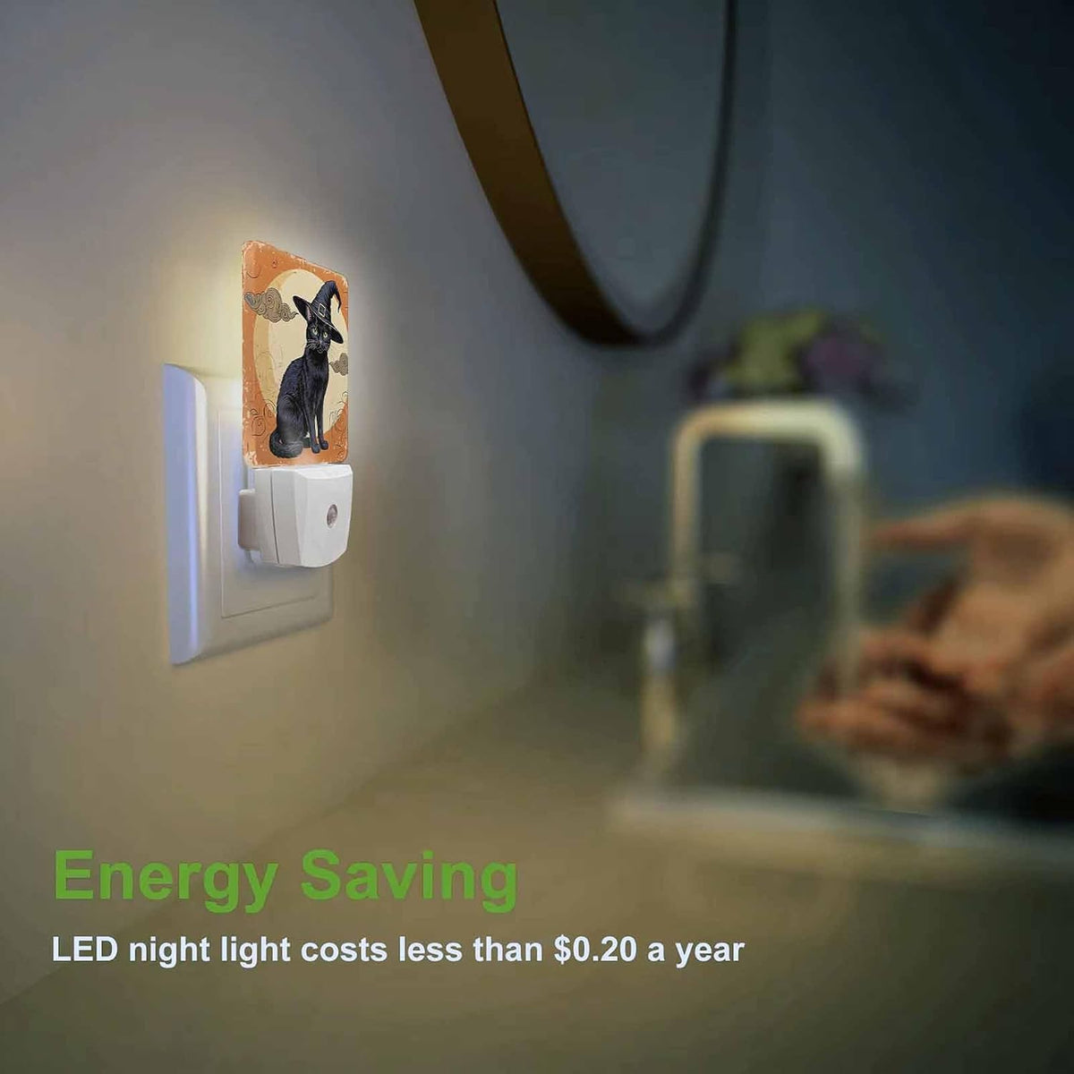 LED Night Light,Halloween Black Cat Silhouette LED Night Light Plug into Wall with Dusk to Dawn Light Sensor White Energy Efficient Nightlight for Bedroom Bathroom Hallway Living Room Kitchen