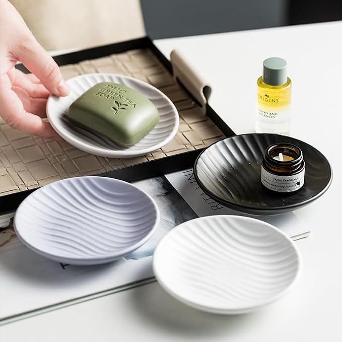 Chic Round Soap Dish, Modern Minimalist Striped Ceramic Tray(Black)