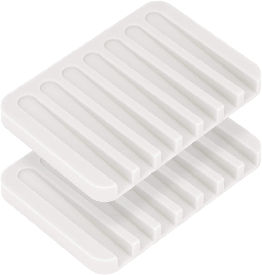 Anwenk Flexible Silicone Soap Dish Shower Waterfall Tray Saver Holder Drainer for Shower/Bathroom/Kitchen/Counter Top, Keeps Soap Bars Dry and Clean, Easy to Clean - White, 2 Pack