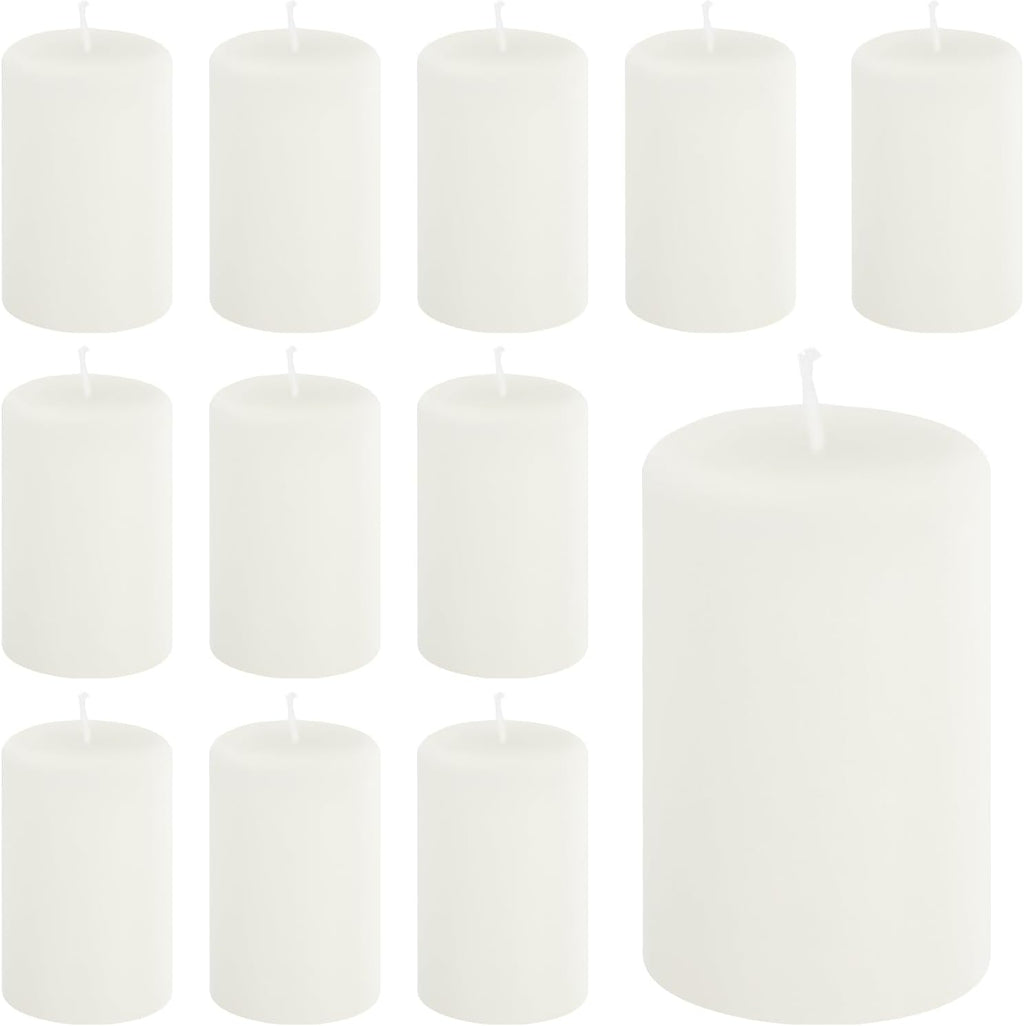 12 Pack 2 x 3 Inch Unscented White Pillar Candles, Dripless Smokeless Clean Burning Cylinder Candles for Wedding, Home Decor, Church & Emergency Lighting