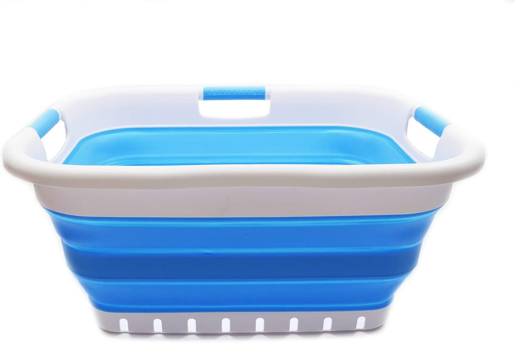SAMMART 41L Collapsible 3 Handled Plastic Laundry Basket - Foldable Pop Up Storage Container/Organizer - Portable Washing Tub - Space Saving Hamper/Basket (3 handled rectangular, Dark Blue)