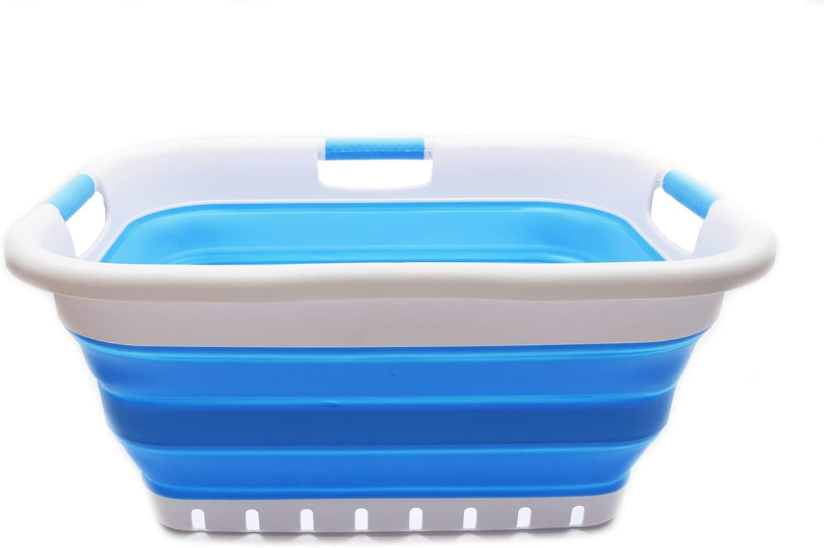 SAMMART 41L Collapsible 3 Handled Plastic Laundry Basket - Foldable Pop Up Storage Container/Organizer - Portable Washing Tub - Space Saving Hamper/Basket (3 handled rectangular, Dark Blue)