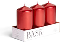 Metallic Cone Top Pillar Candles by Bask - Set of 3-3" x 6" Dripless Unscented Holiday Candles in Metallic Red for Home Decor, Relaxation & All Occasions