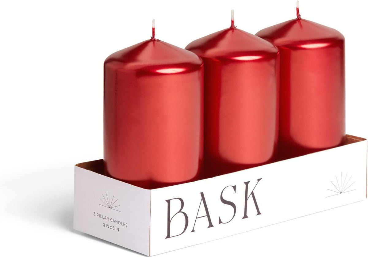 Metallic Cone Top Pillar Candles by Bask - Set of 3-3" x 6" Dripless Unscented Holiday Candles in Metallic Red for Home Decor, Relaxation & All Occasions