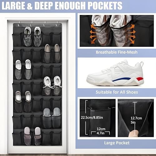Meolsaek 24 Large Mesh Pockets Over the Door Shoe Organizer, White, Black