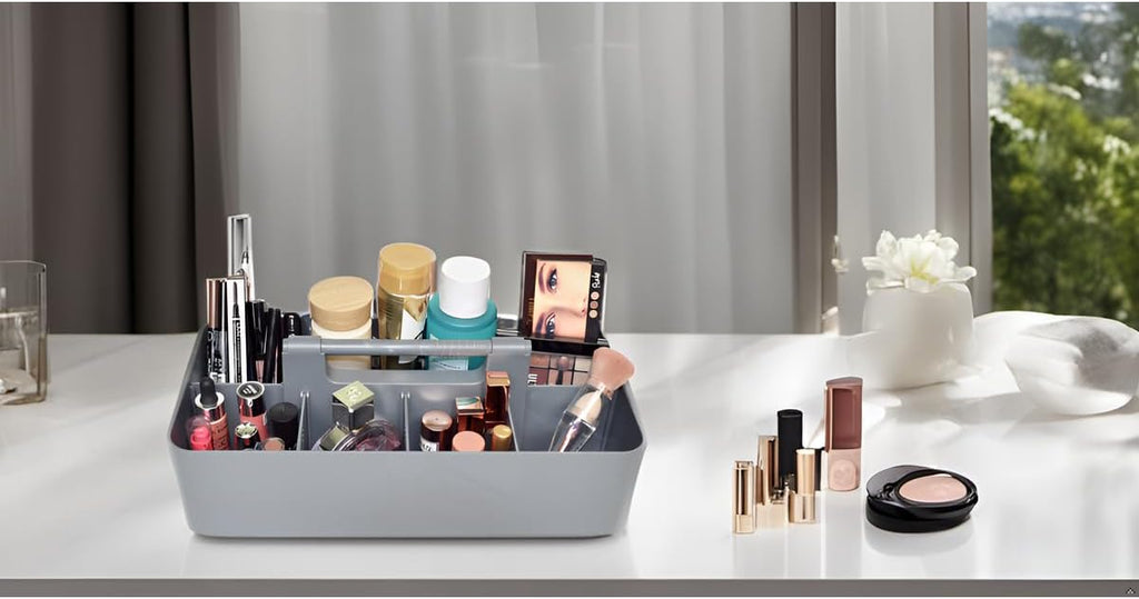 New Plastic Portable Makeup Organizer Caddy Tote Divided Basket Bin with Handle, for Bathroom Storage - Holds Blush Makeup Brushes, Made In USA (Orion Gray)