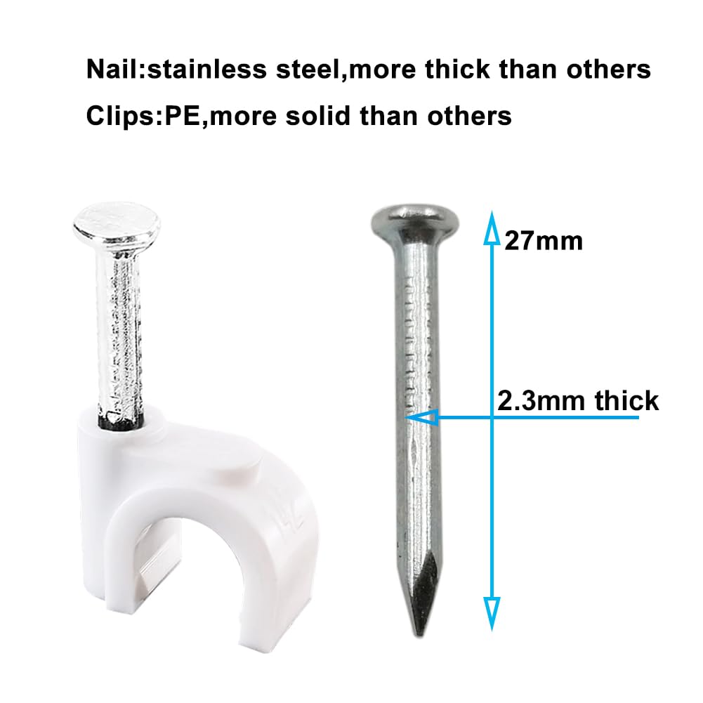 HS Cable Clips 10mm with Steel Nail 200 Pieces White，Ethernet Management U Shaped Wire Cord Staples Hooks for Outdoor Wall,Coax Cat8 RG8 Cable Extension Fasteners