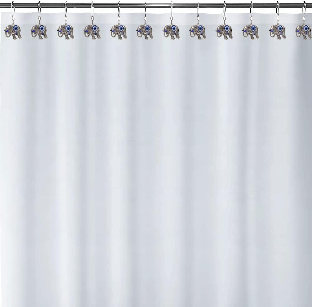 Decorative Elephant Shower Curtain Hooks Rings for Bathroom, Rust Proof Stainless Steel Curtain Ring Set of 12 with Unique Pendant Blue Eye Beads Elephant Theme Bathroom Decor Accessories