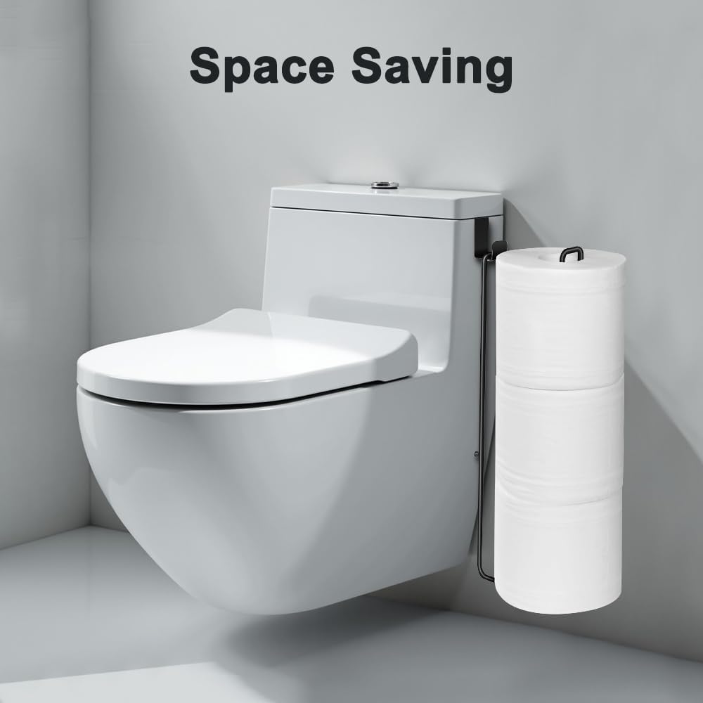 Matte Black Extra Toilet Paper Storage for 3 Roll Tissue Over The Tank Toilet Paper Roll Holder Stainless Steel Adhesive Hanging Toilets Tissue Holder Wall Mounted for Bathroom RV Camper(2 Pack)