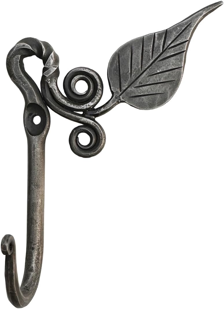 Living Ideas Hand Forged Metal Leaf Hook Wrought Iron Handmade Wall Mounted Rustic Hook for Plant, Mug & Hat Blacksmith Farmhouse Decor Coat Hook Rack Antique Finish Heavy Duty Kitchen Towel Hooks